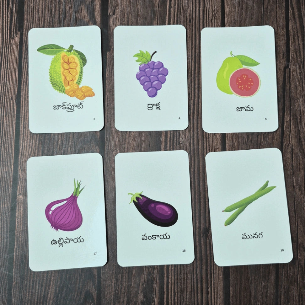 preschool fruit vegetable learning flashcards Telugu set